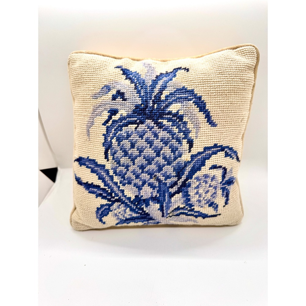 Williamsburg Vintage Needlepoint Pineapple Pillow Blue Cream Velvet 10x10